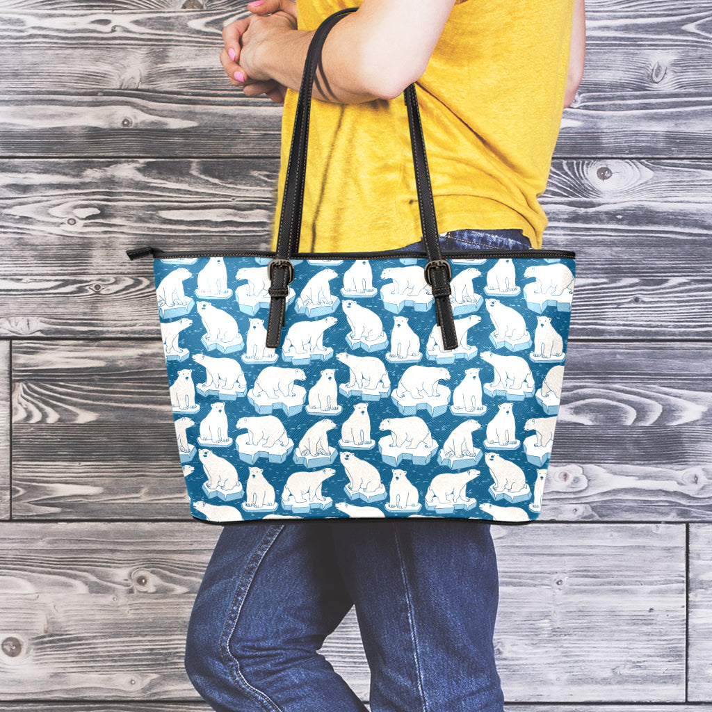 Polar Bear On Ice Pattern Print Leather Tote Bag