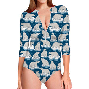 Polar Bear On Ice Pattern Print Long Sleeve Swimsuit