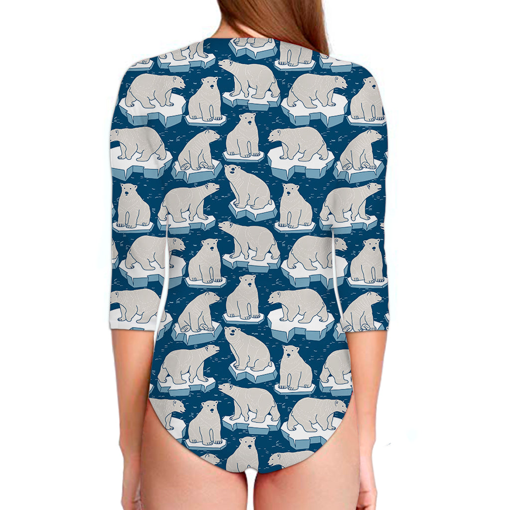 Polar Bear On Ice Pattern Print Long Sleeve Swimsuit