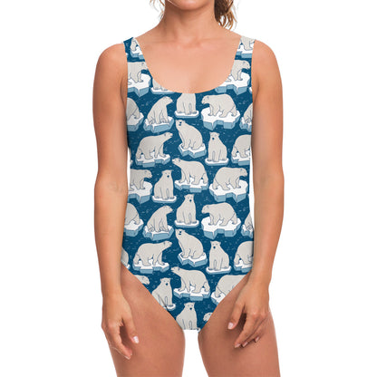 Polar Bear On Ice Pattern Print One Piece Swimsuit