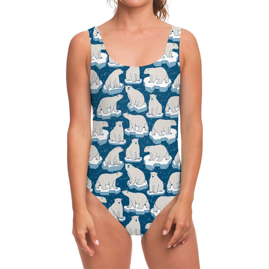 Polar Bear On Ice Pattern Print One Piece Swimsuit