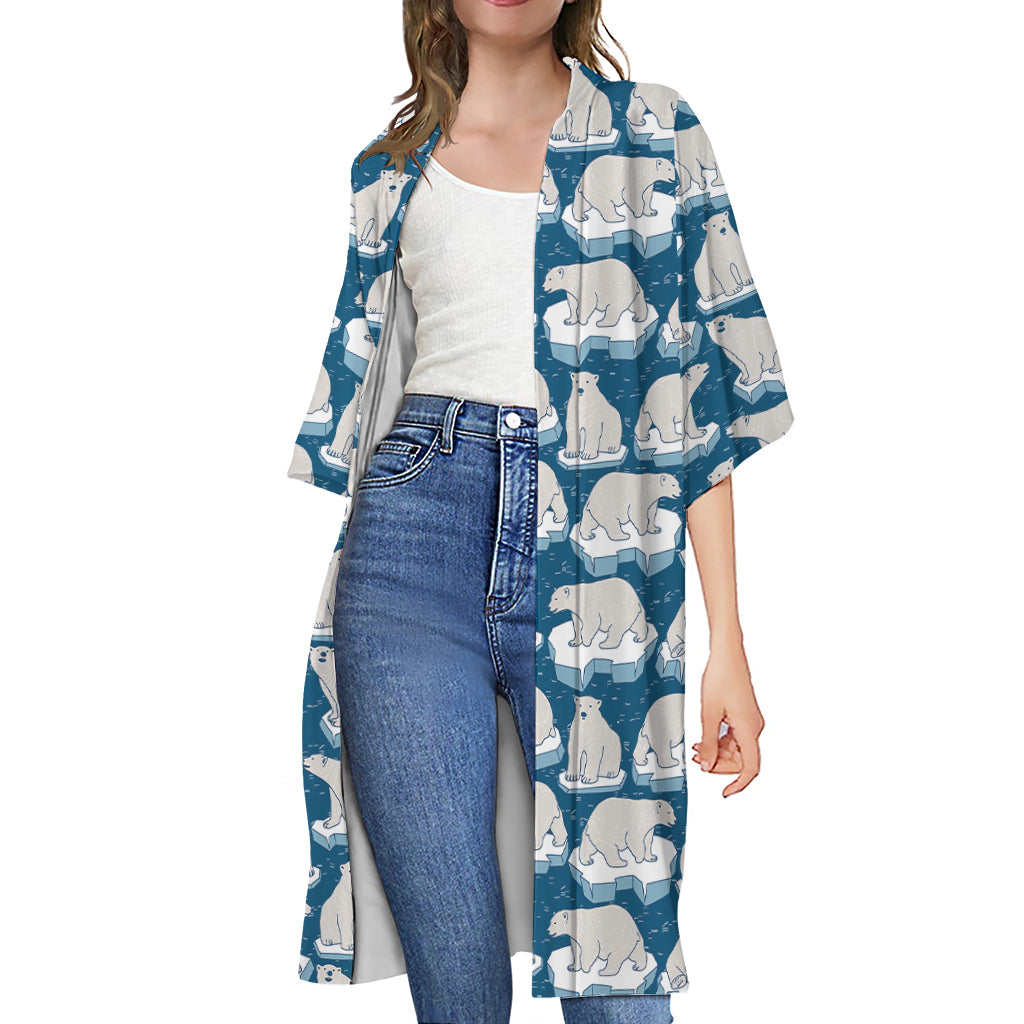 Polar Bear On Ice Pattern Print Open Front Beach Cover Up