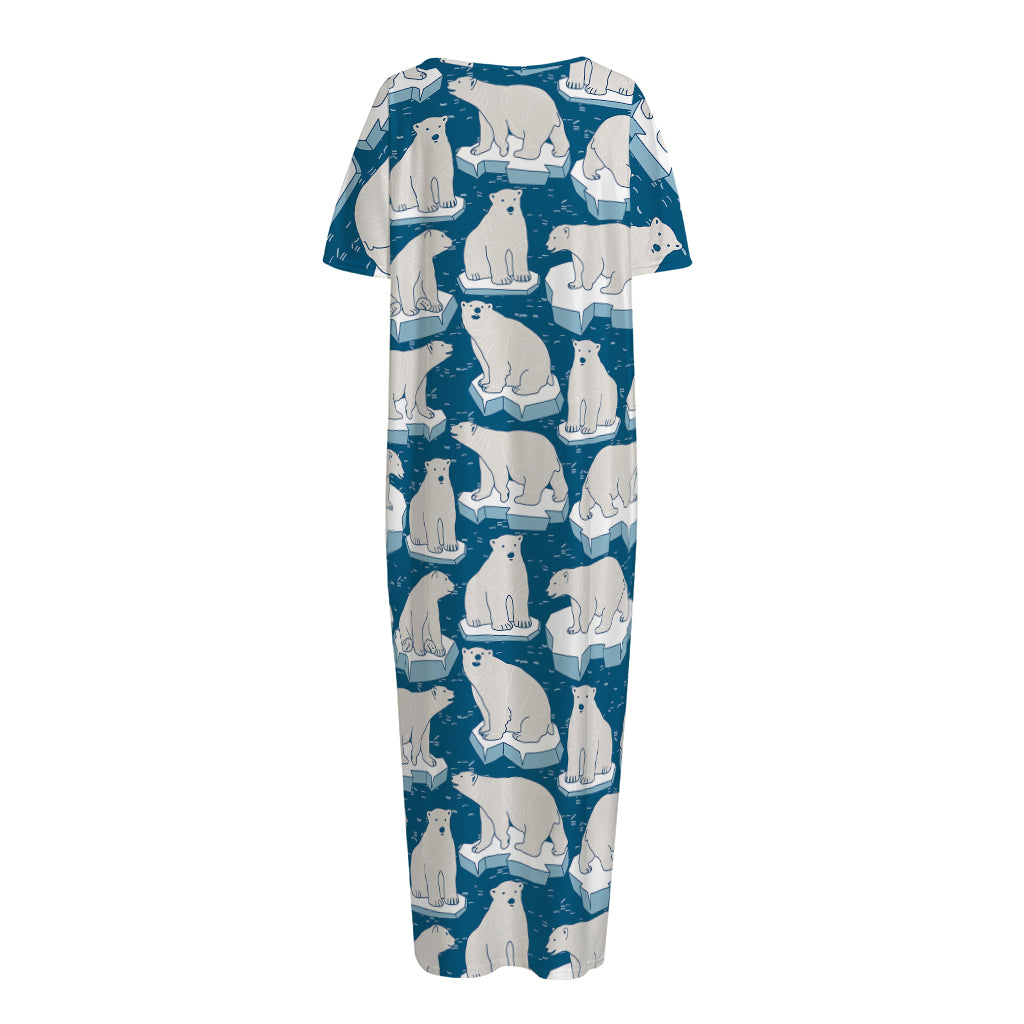 Polar Bear On Ice Pattern Print Short Sleeve Long Nightdress