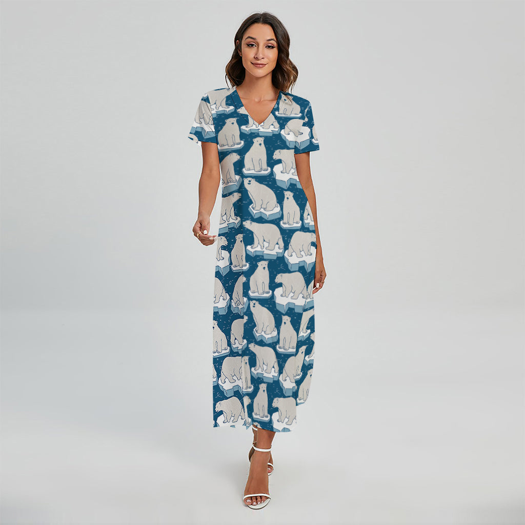 Polar Bear On Ice Pattern Print Short Sleeve Maxi Dress