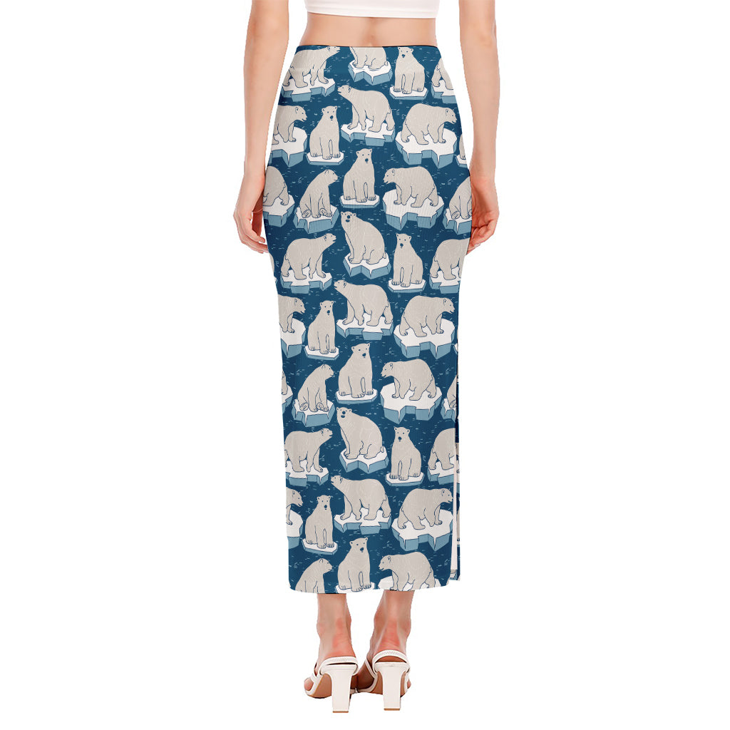 Polar Bear On Ice Pattern Print Side Slit Maxi Skirt