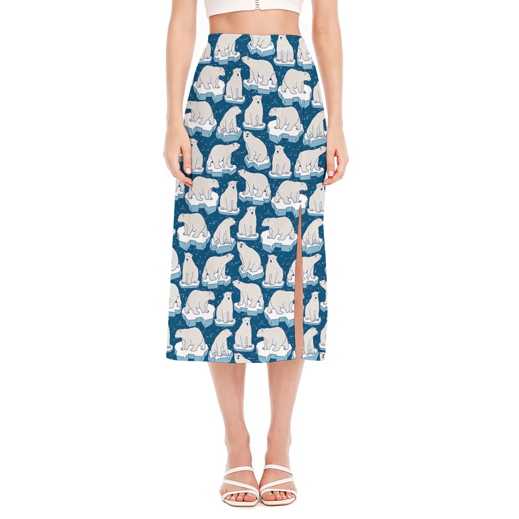 Polar Bear On Ice Pattern Print Side Slit Midi Skirt