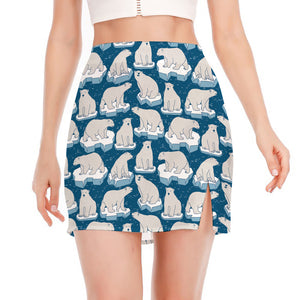 Polar Bear On Ice Pattern Print Side Slit Mini Skirt