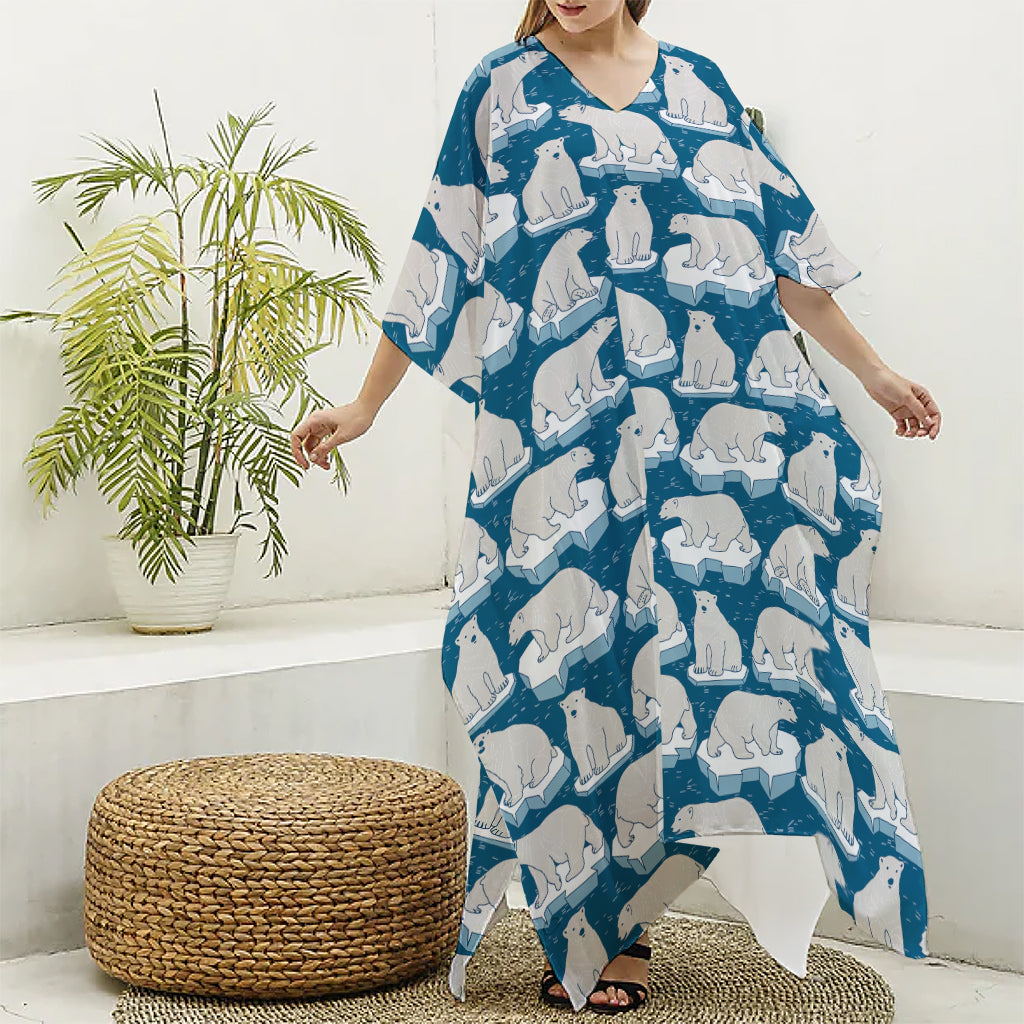 Polar Bear On Ice Pattern Print Silk V-Neck Kaftan Dress