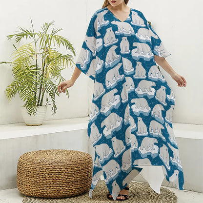 Polar Bear On Ice Pattern Print Silk V-Neck Kaftan Dress