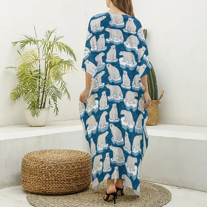 Polar Bear On Ice Pattern Print Silk V-Neck Kaftan Dress