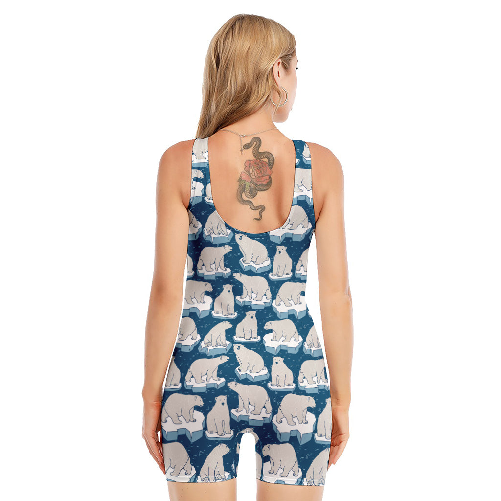 Polar Bear On Ice Pattern Print Sleeveless One Piece Swimsuit