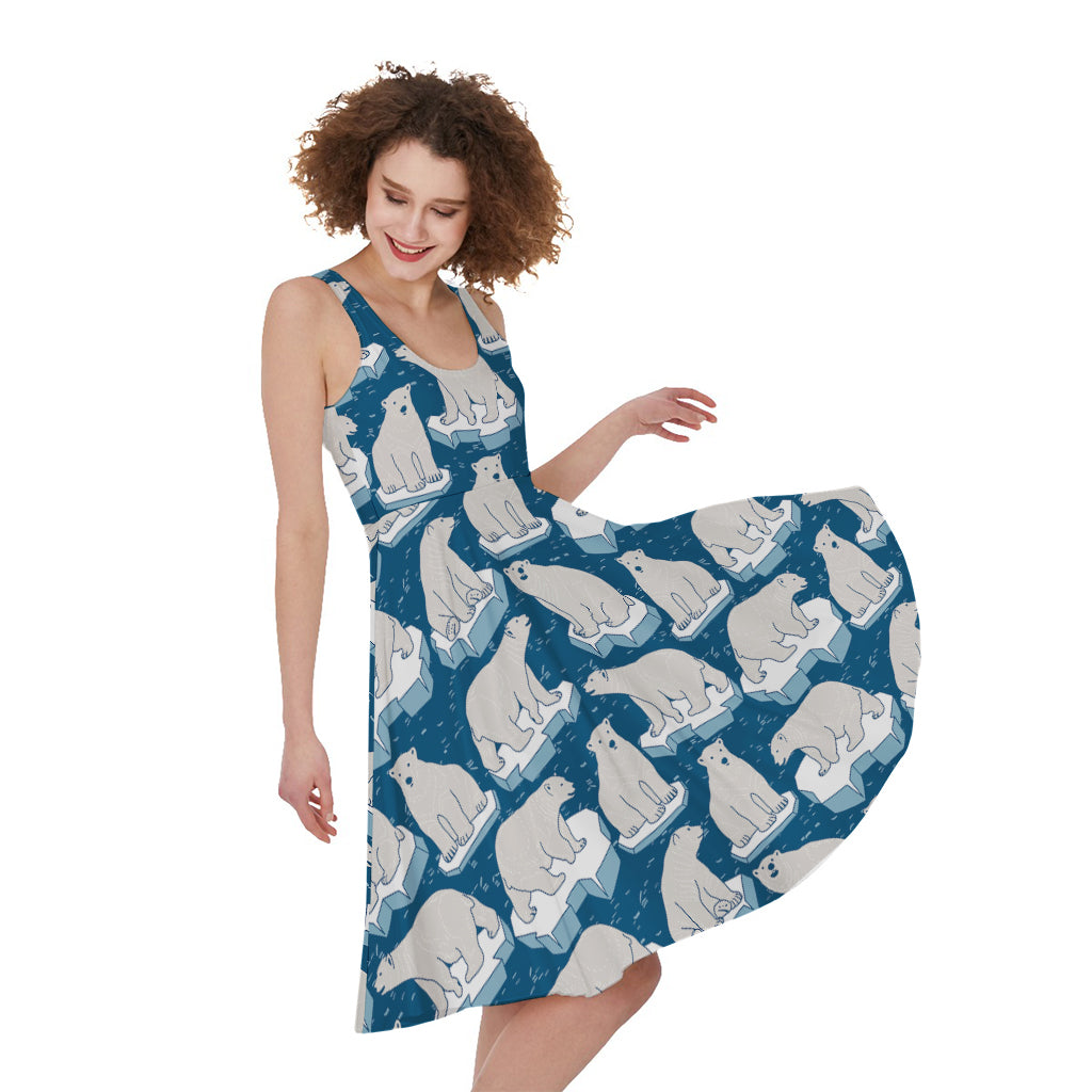 Polar Bear On Ice Pattern Print Women's Sleeveless Dress