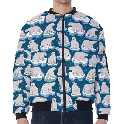 Polar Bear On Ice Pattern Print Zip Sleeve Bomber Jacket