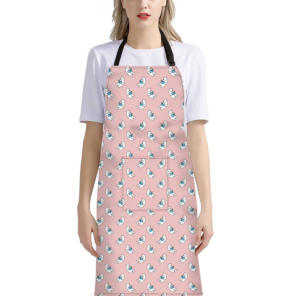 Polar Bear Reading Book Pattern Print Bib Apron With Pocket