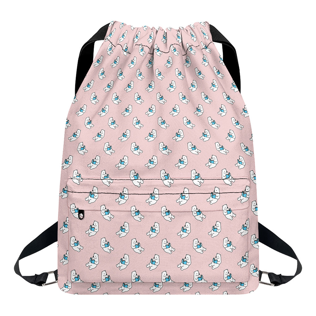 Polar Bear Reading Book Pattern Print Drawstring Backpack