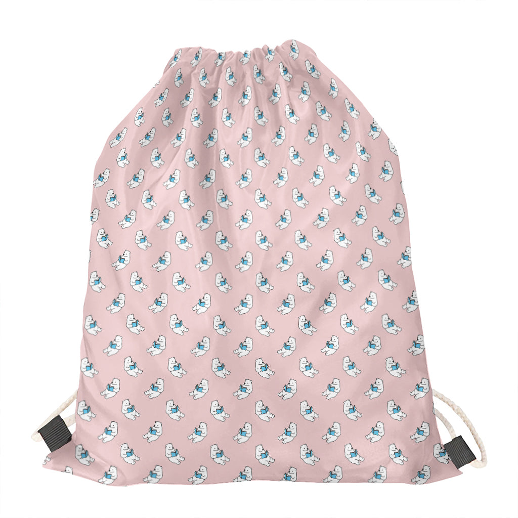 Polar Bear Reading Book Pattern Print Drawstring Bag