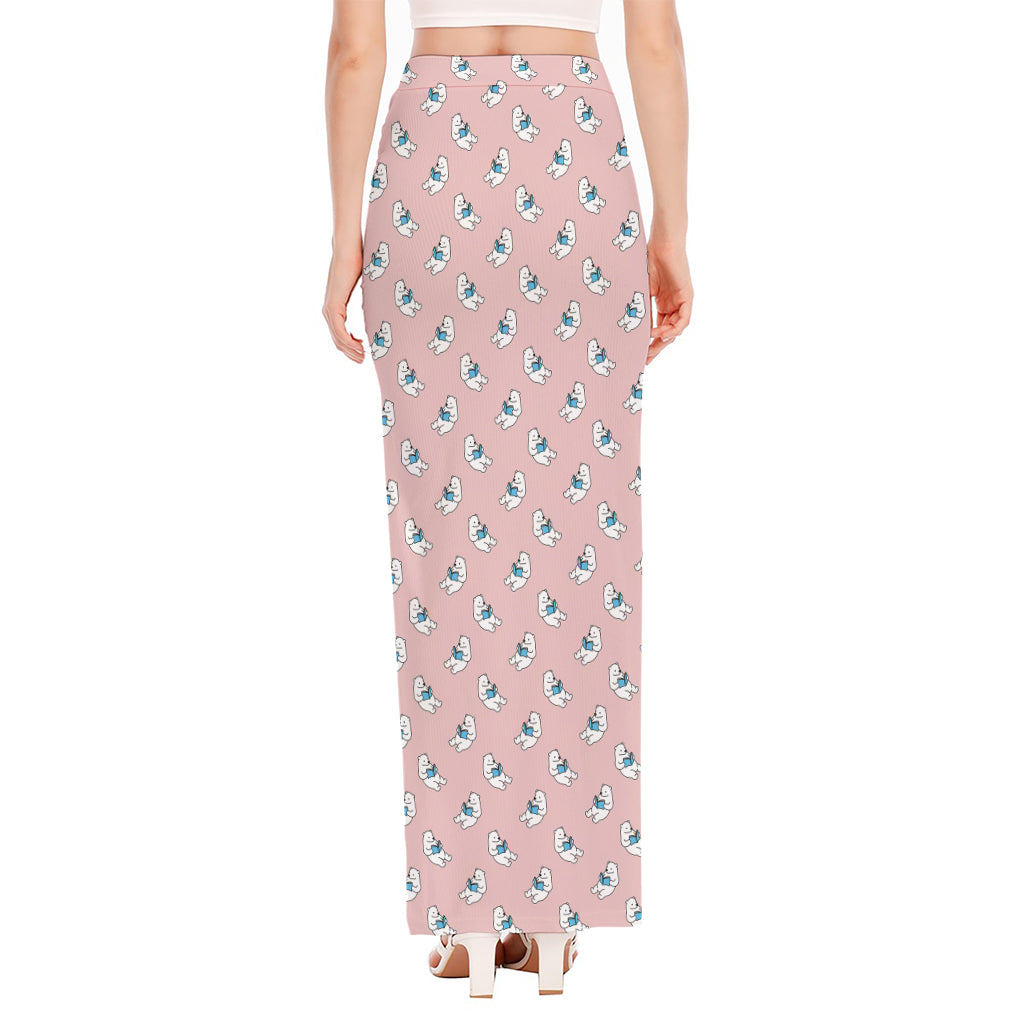 Polar Bear Reading Book Pattern Print High Slit Maxi Skirt