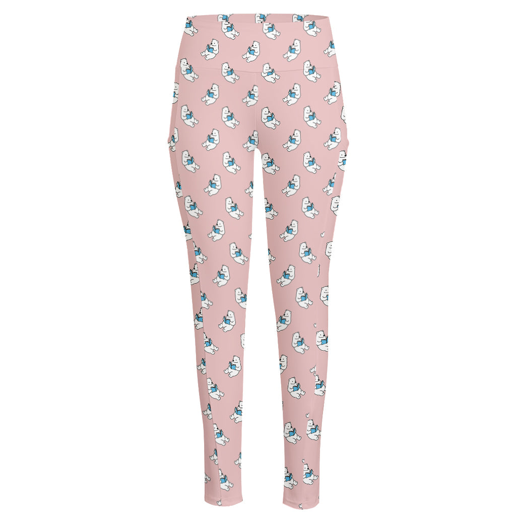 Polar Bear Reading Book Pattern Print High-Waisted Pocket Leggings