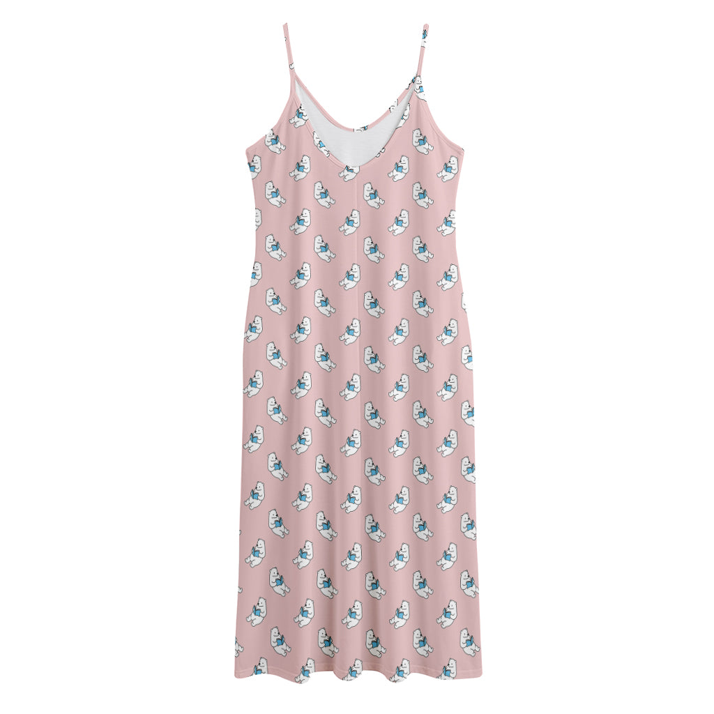 Polar Bear Reading Book Pattern Print Jersey Midi Cami Dress