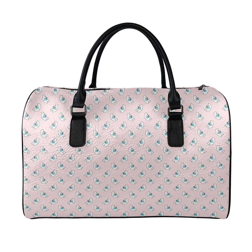 Polar Bear Reading Book Pattern Print Leather Duffle Bag