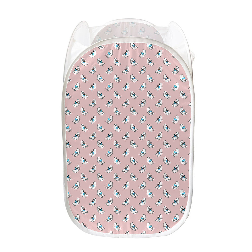 Polar Bear Reading Book Pattern Print Mesh Laundry Hamper