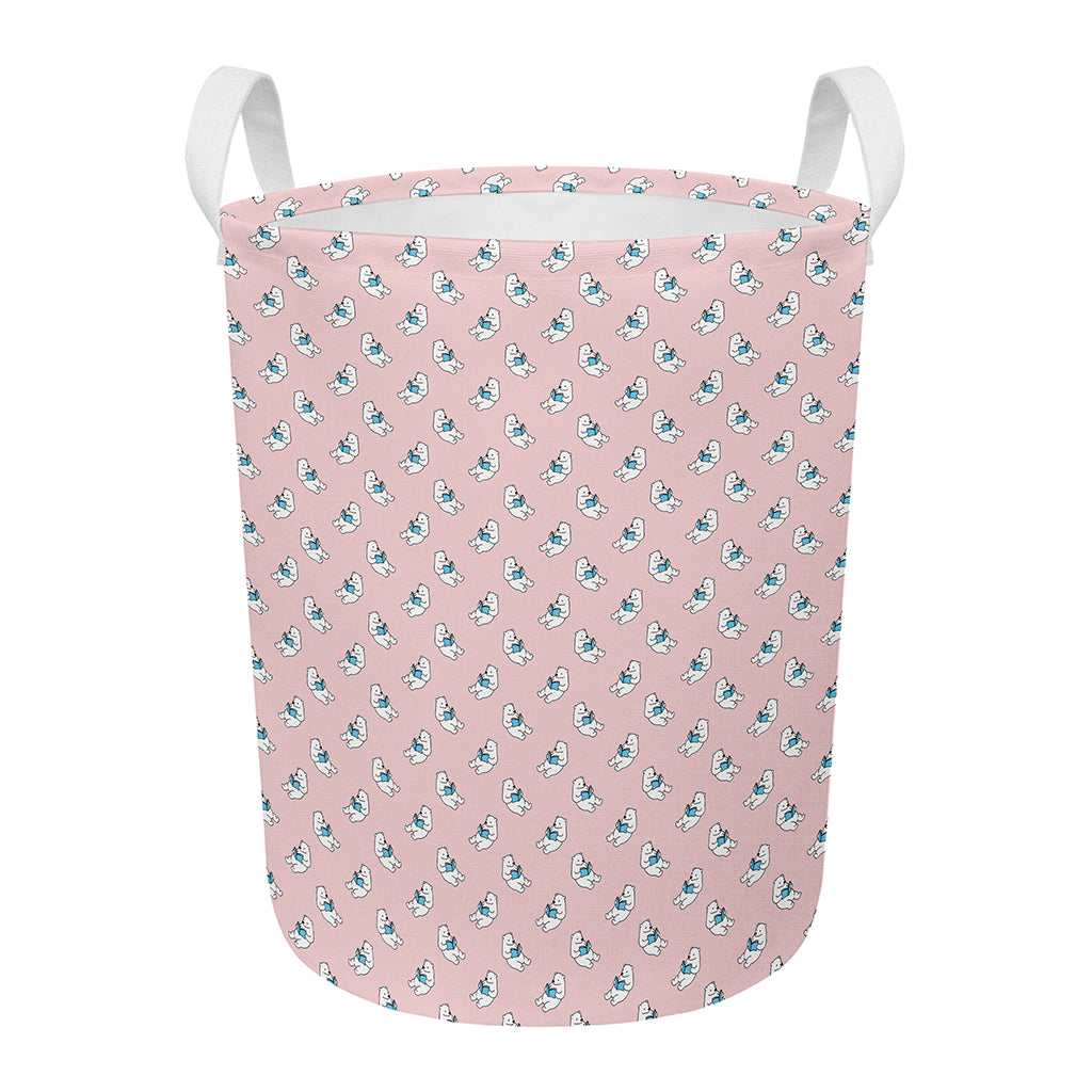 Polar Bear Reading Book Pattern Print Round Laundry Basket