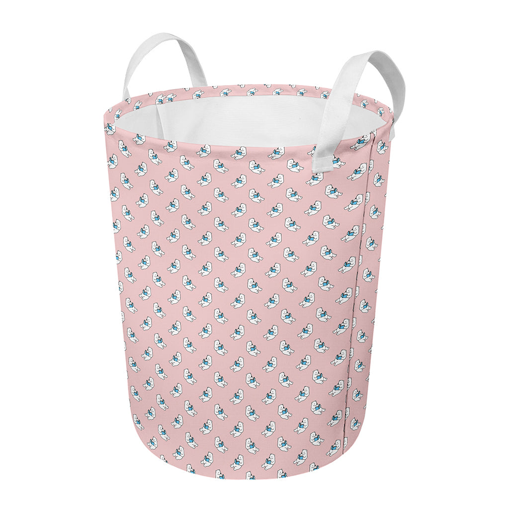 Polar Bear Reading Book Pattern Print Round Laundry Basket
