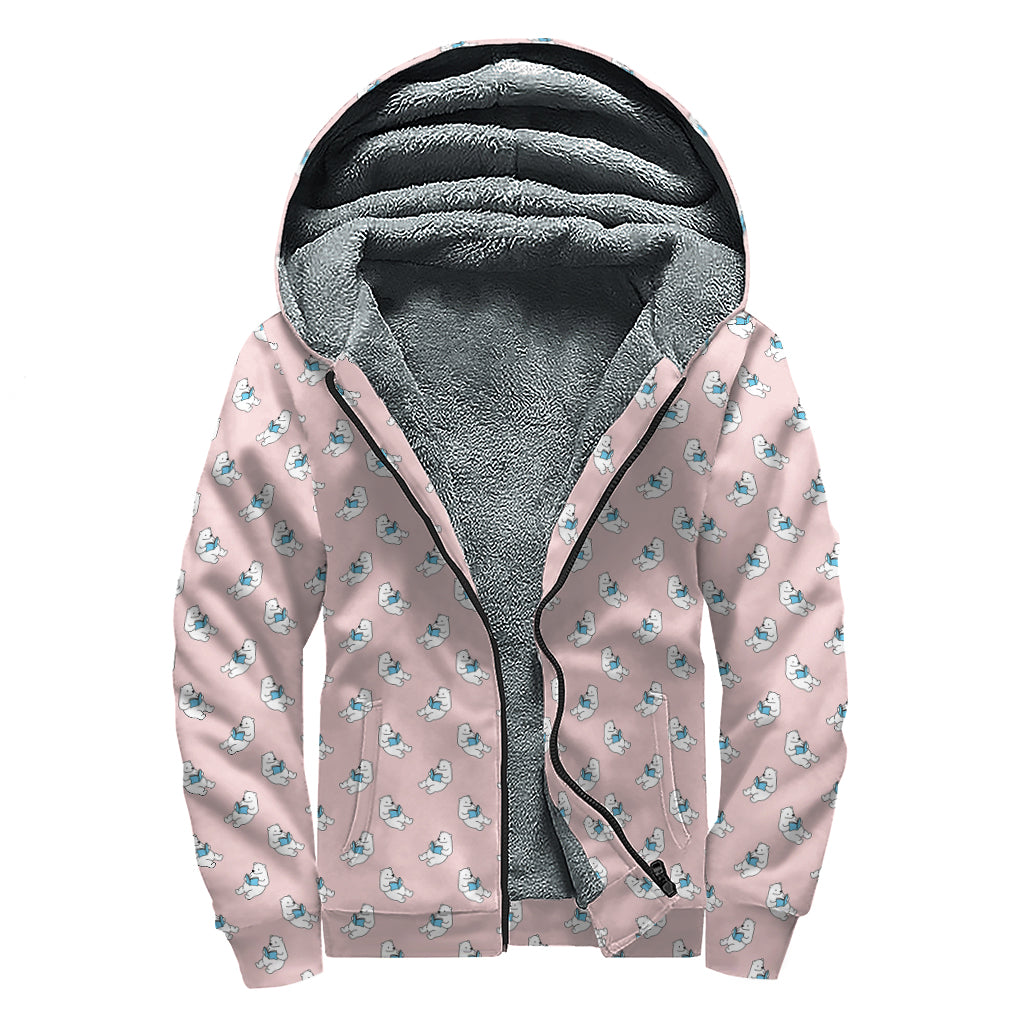 Polar Bear Reading Book Pattern Print Sherpa Lined Zip Up Hoodie