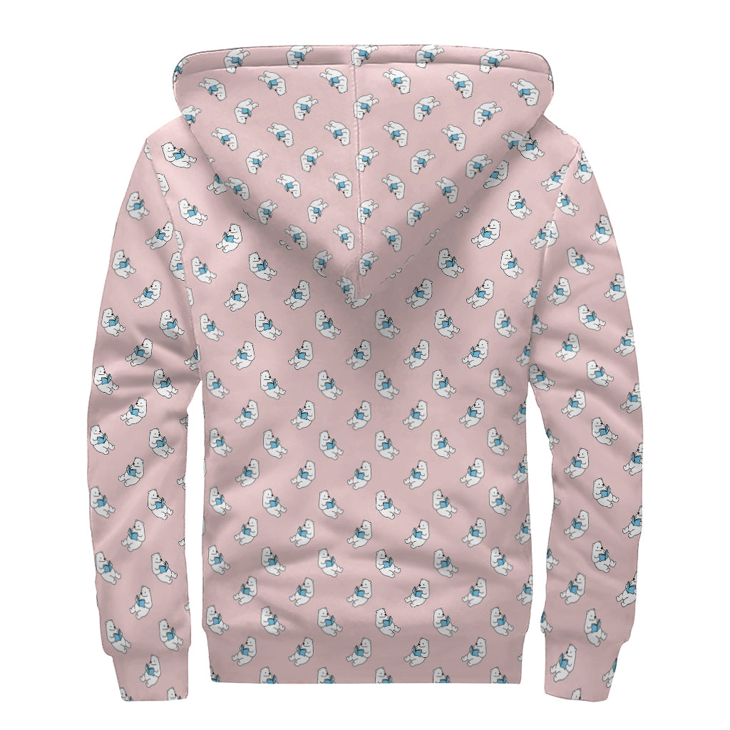 Polar Bear Reading Book Pattern Print Sherpa Lined Zip Up Hoodie