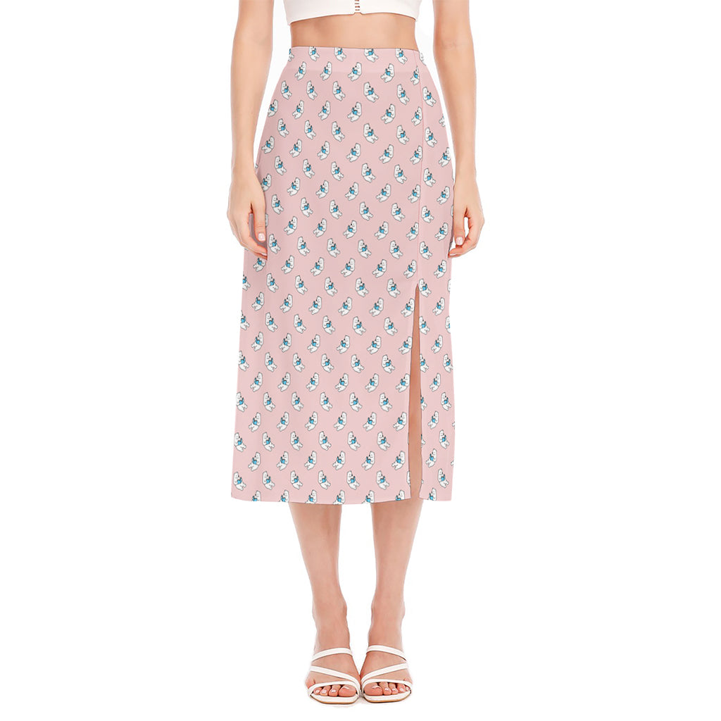 Polar Bear Reading Book Pattern Print Side Slit Midi Skirt