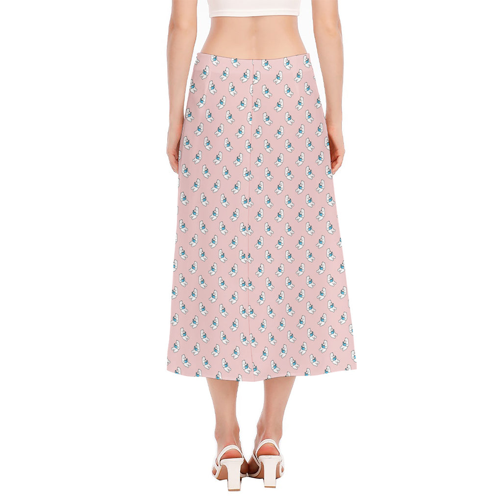 Polar Bear Reading Book Pattern Print Side Slit Midi Skirt