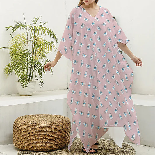 Polar Bear Reading Book Pattern Print Silk V-Neck Kaftan Dress