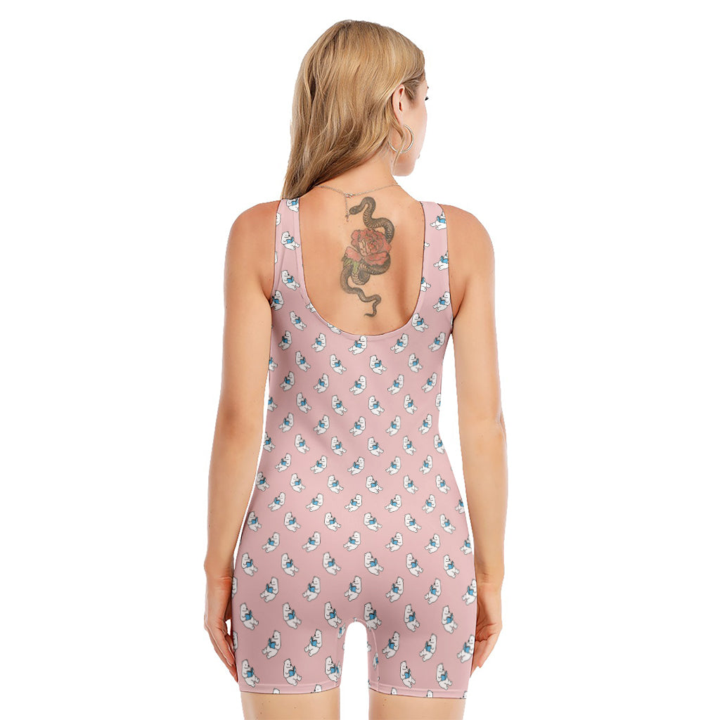 Polar Bear Reading Book Pattern Print Sleeveless One Piece Swimsuit