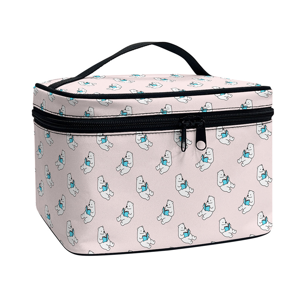 Polar Bear Reading Book Pattern Print Travel Makeup Bag