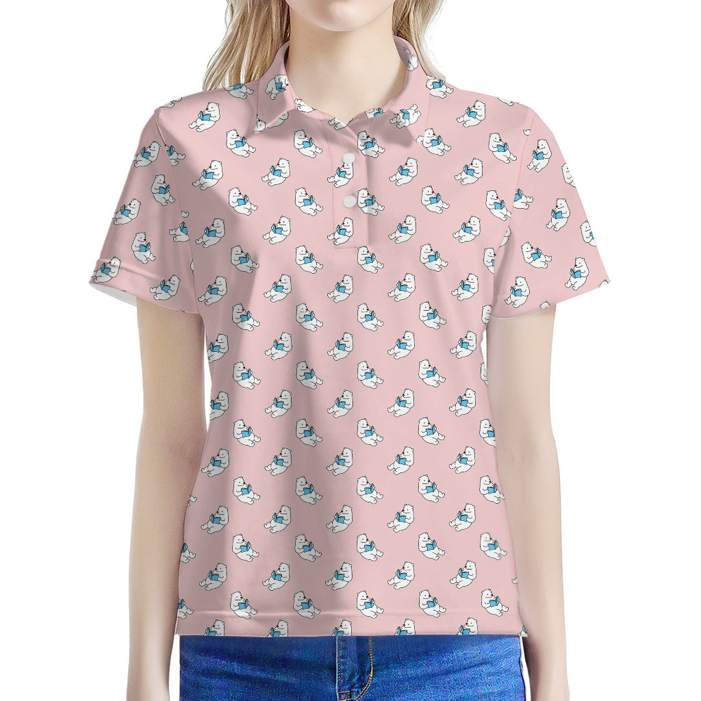 Polar Bear Reading Book Pattern Print Women's Polo Shirt