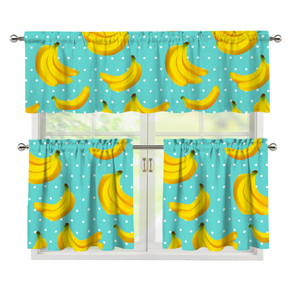Polka Dot Banana Pattern Print 3 Piece Kitchen Curtains