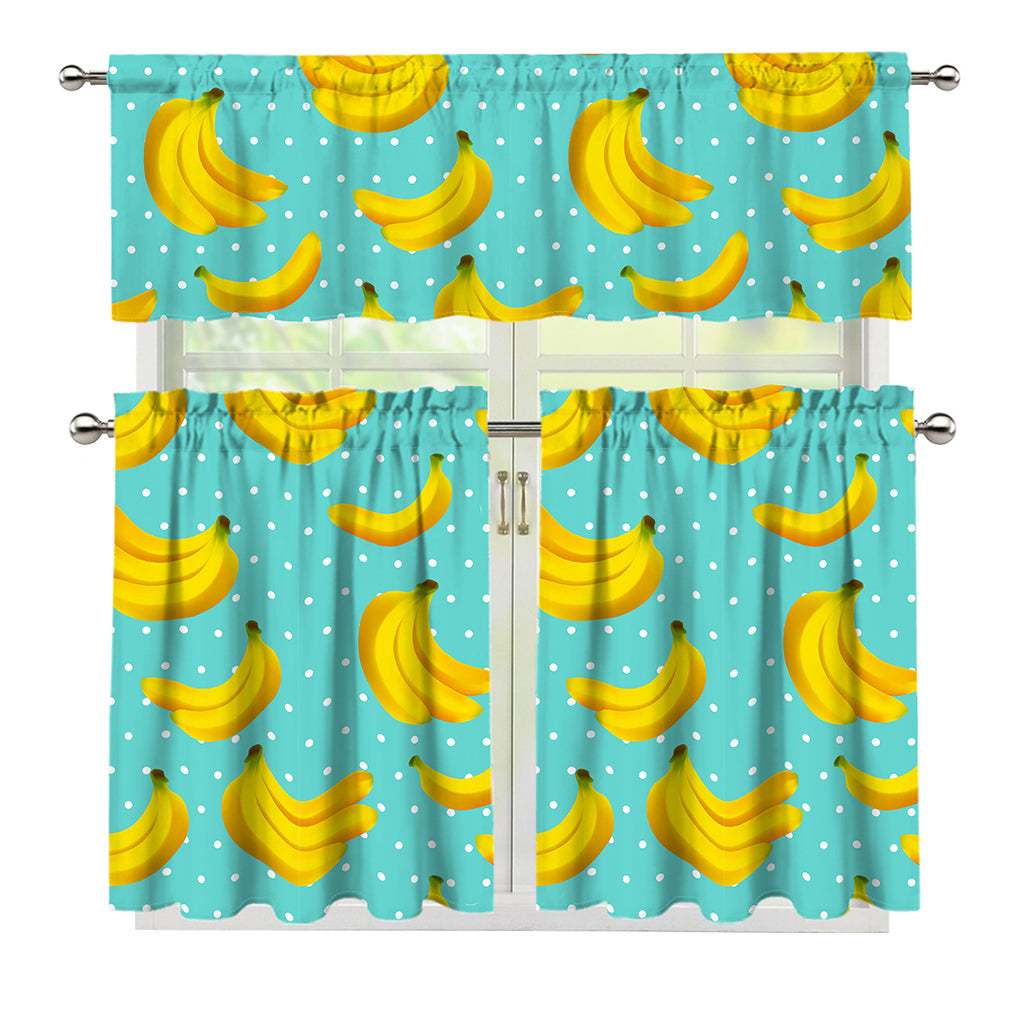 Polka Dot Banana Pattern Print 3 Piece Kitchen Curtains