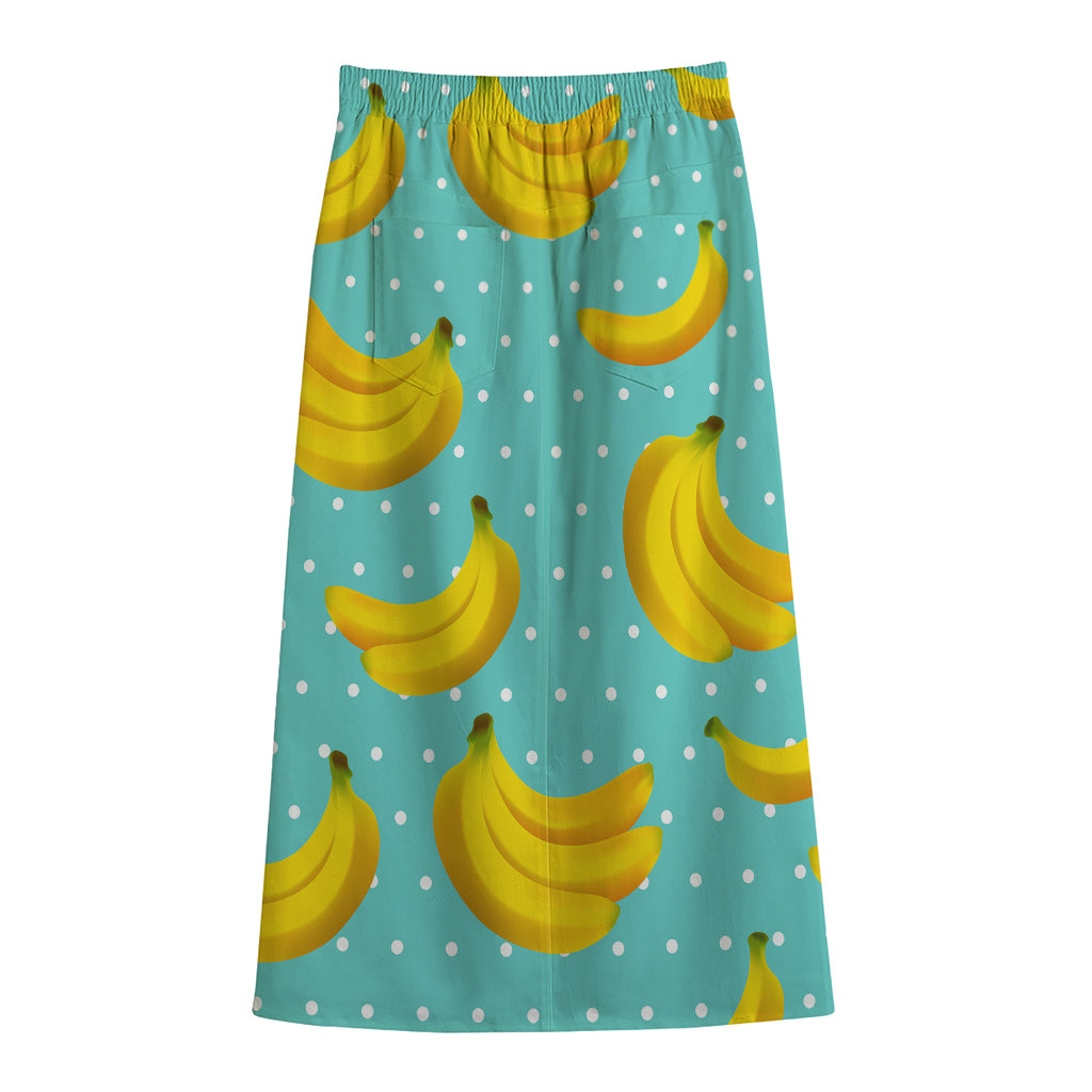 Polka Dot Banana Pattern Print Cotton Front Slit Maxi Skirt
