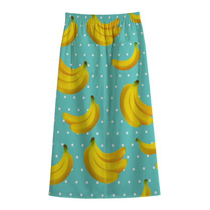 Polka Dot Banana Pattern Print Cotton Front Slit Maxi Skirt