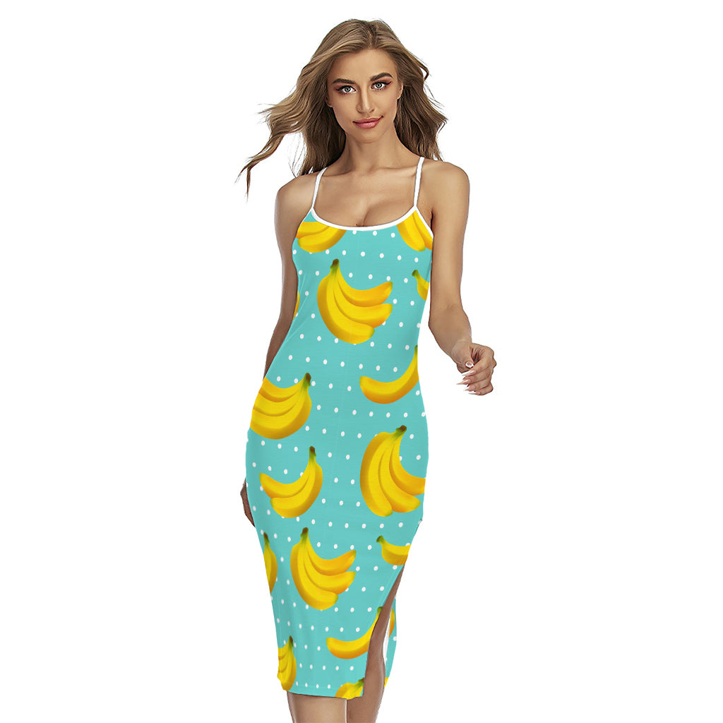 Polka Dot Banana Pattern Print Cross Back Cami Dress