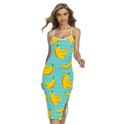 Polka Dot Banana Pattern Print Cross Back Cami Dress