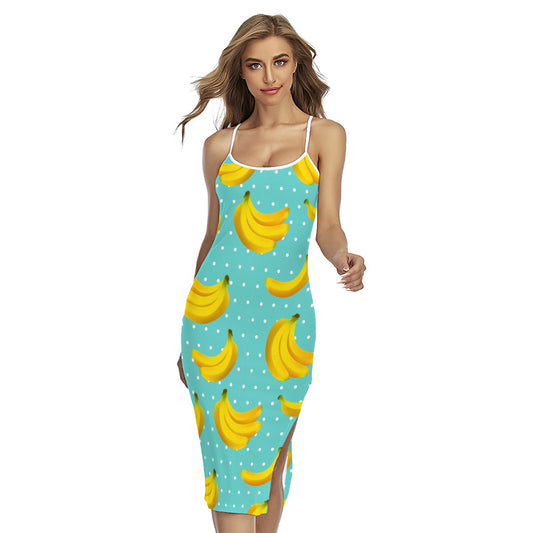 Polka Dot Banana Pattern Print Cross Back Cami Dress