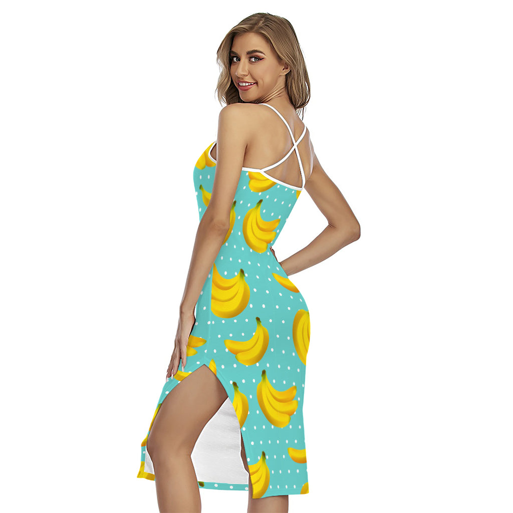 Polka Dot Banana Pattern Print Cross Back Cami Dress