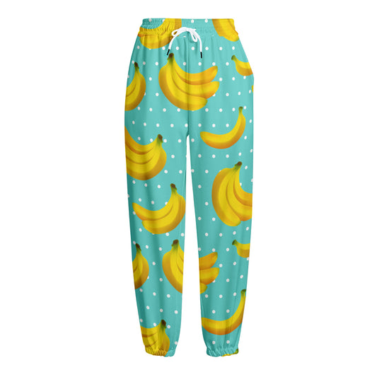 Polka Dot Banana Pattern Print Fleece Lined Knit Pants