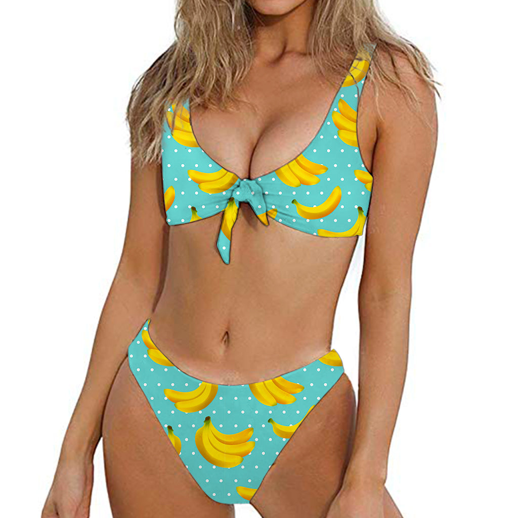 Polka Dot Banana Pattern Print Front Bow Tie Bikini