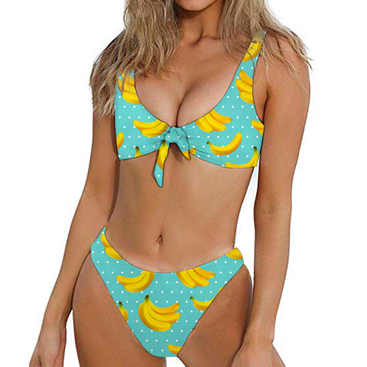 Polka Dot Banana Pattern Print Front Bow Tie Bikini