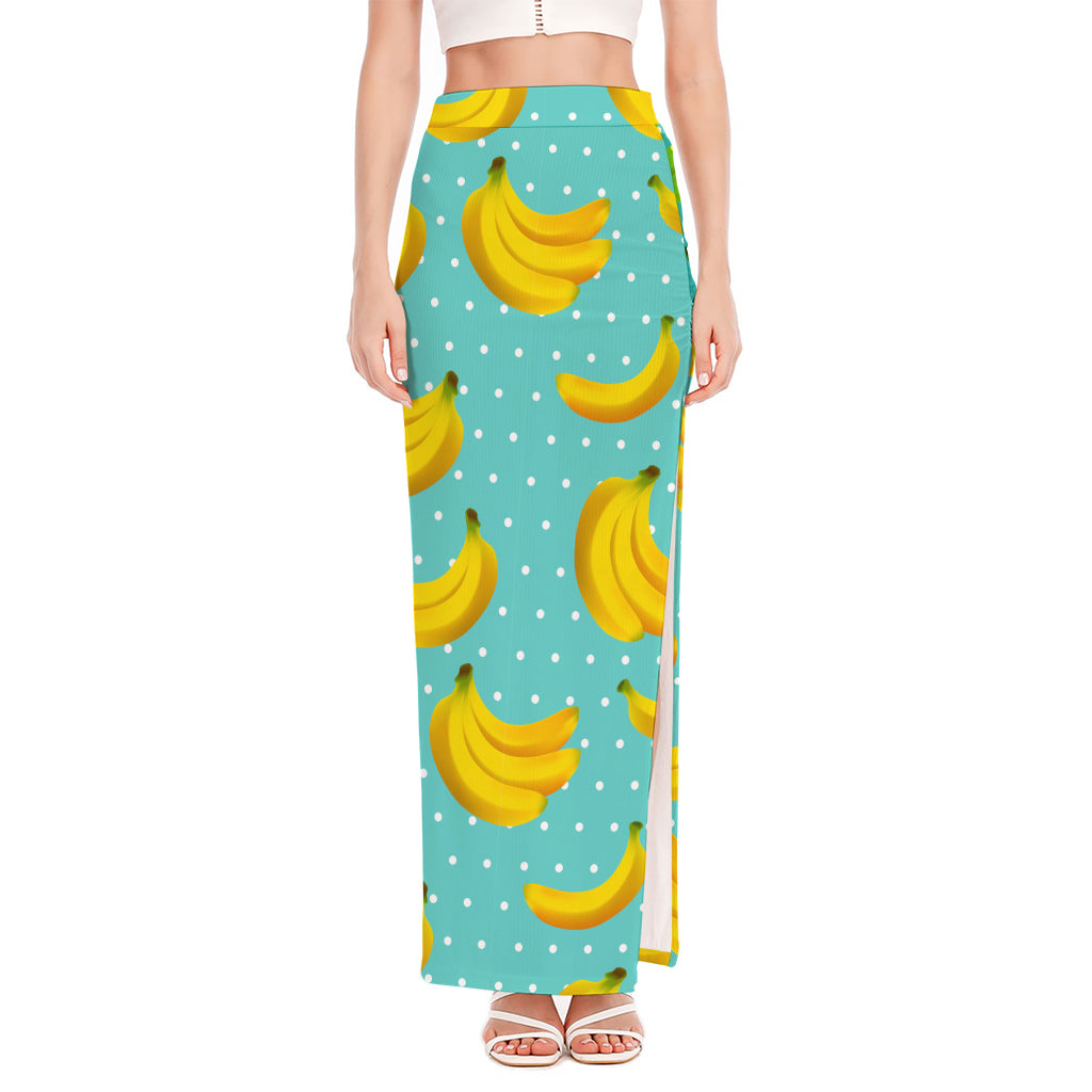 Polka Dot Banana Pattern Print High Slit Maxi Skirt