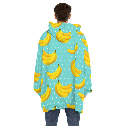 Polka Dot Banana Pattern Print Hoodie Blanket