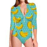 Polka Dot Banana Pattern Print Long Sleeve Swimsuit