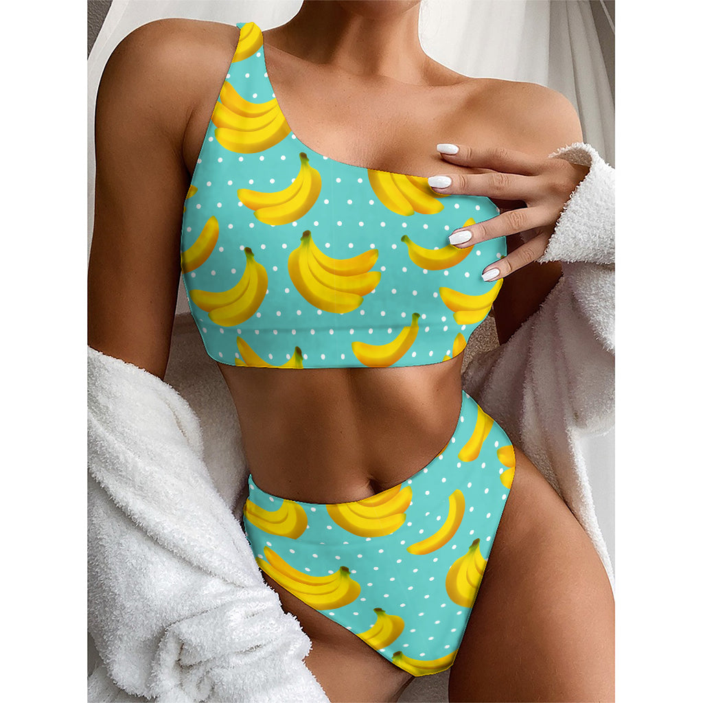 Polka Dot Banana Pattern Print One Shoulder Bikini Top